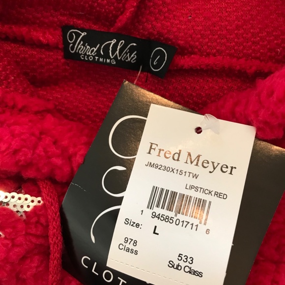 Christmas Third Wish Sherpa Sequin Snowflake Pom Pom Hoodie Size L Red Silver - Picture 5 of 6